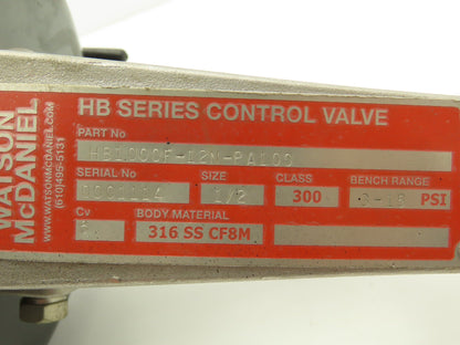 Watson McDaniel HB1000F-12N Pneumatic Positioner Linear Control Valve 1/2" NPT