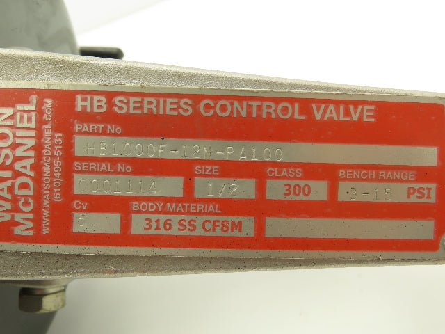 Watson McDaniel HB1000F-12N Pneumatic Positioner Linear Control Valve 1/2" NPT
