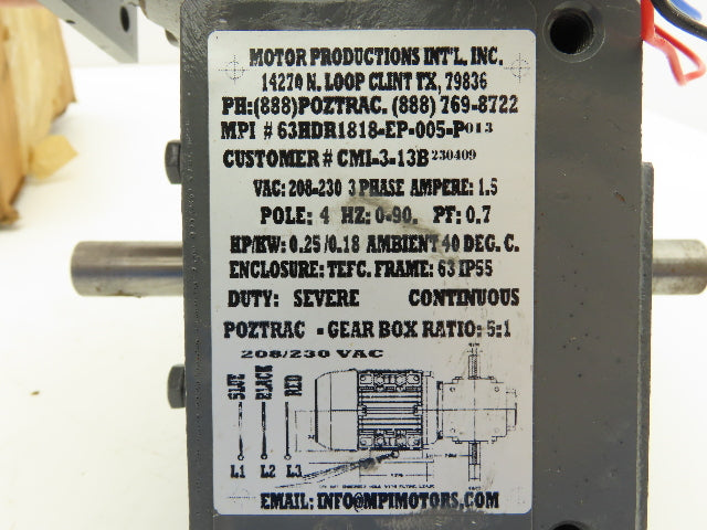 Motor Productions Intl 63 HDR 1818 EP 005 Gearmotor 5:1 Reducer 1/4Hp 230V 3PH
