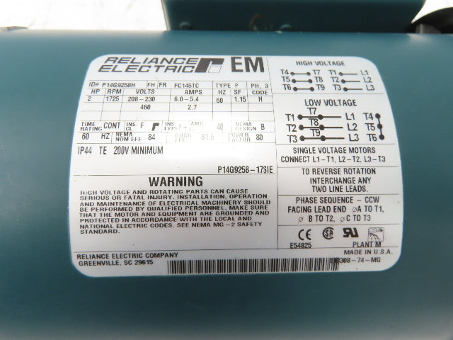 Reliance P14G9258H Gearmotor 5:1 Tigear Reducer 345rpm 2Hp 230/460V LH 145TC