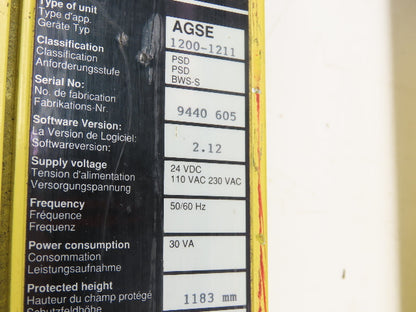 Sick AGSE 1200 Series Safety Light Curtain Emitter/Receiver Set 1183mm x 6m