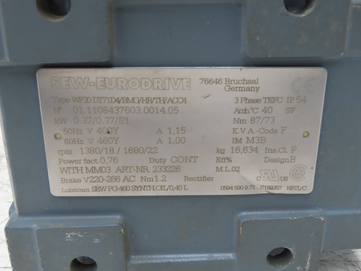 Sew Eurodrive WF30DT71D4/BMG/HR/TH/ACC4 Brake Gearmotor .37kw 22rpm 460V 3PH