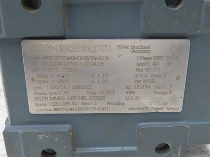 Sew Eurodrive WF30DT71D4/BMG/HR/TH/ACC4 Brake Gearmotor .37kw 22rpm 460V 3PH