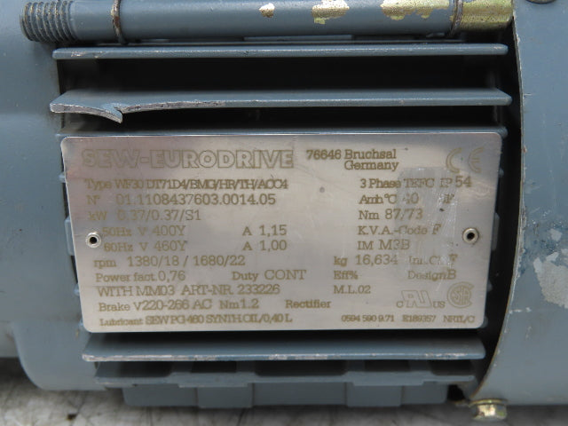 Sew Eurodrive WF30DT71D4/BMG/HR/TH/ACC4 Brake Gearmotor .37kw 22rpm 460V 3PH