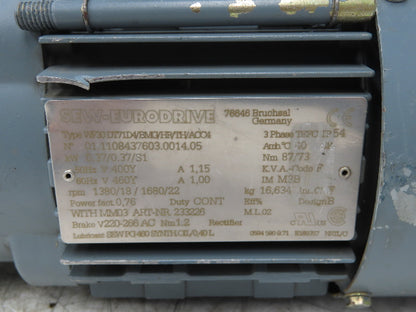 Sew Eurodrive WF30DT71D4/BMG/HR/TH/ACC4 Brake Gearmotor .37kw 22rpm 460V 3PH