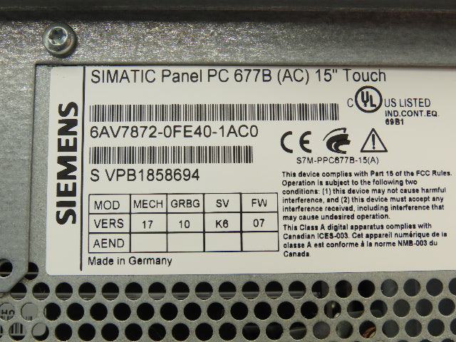 Siemens 6AV78720FE401AC0 Simatic Panel PC 677B 15T Mainboard CV4 Windows XP Pro