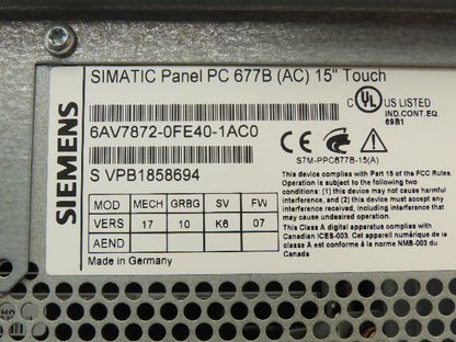 Siemens 6AV78720FE401AC0 Simatic Panel PC 677B 15T Mainboard CV4 Windows XP Pro