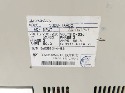 Yaskawa Electric SGDB-1AADG ServoPak AC Servo Drive 11kw 14.7 Hp 230V 3Ph