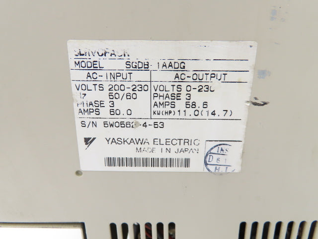 Yaskawa Electric SGDB-1AADG ServoPak AC Servo Drive 11kw 14.7 Hp 230V 3Ph