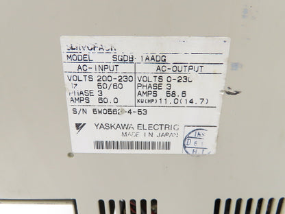 Yaskawa Electric SGDB-1AADG ServoPak AC Servo Drive 11kw 14.7 Hp 230V 3Ph