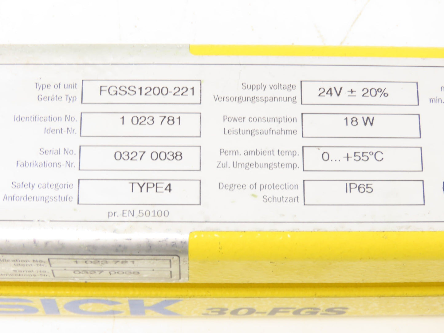 Sick FGSS1200-221 Safety Light Curtain Transmitter 1200mm x 18m