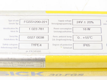 Sick FGSS1200-221 Safety Light Curtain Transmitter 1200mm x 18m