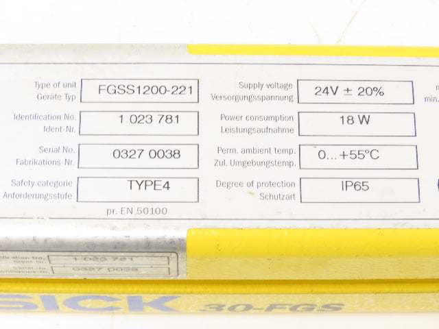 Sick FGSS1200-221 Safety Light Curtain Transmitter 1200mm x 18m