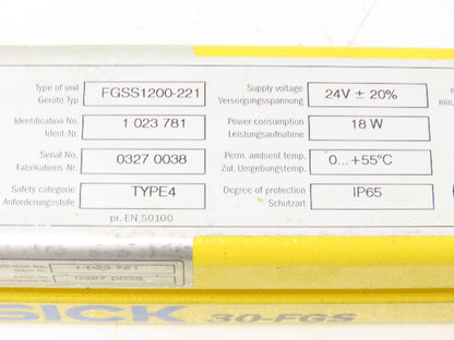 Sick FGSS1200-221 Safety Light Curtain Transmitter 1200mm x 18m