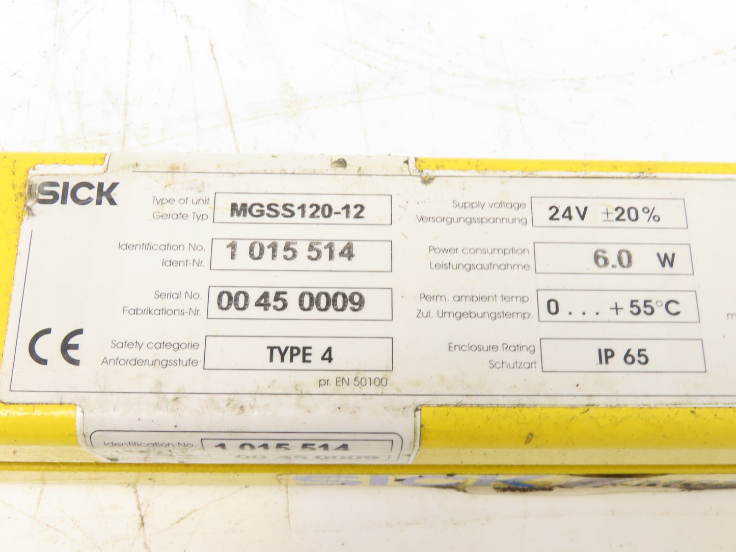 Sick MGSS120-12 Safety Light Curtain Transmitter 1200mm x 18m