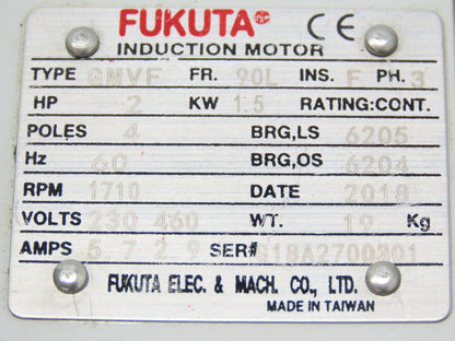 Fukuta GMVF Metric AC Motor 1.5kw 2Hp 1710rpm 230/460V 3PH IEC 90L Frame