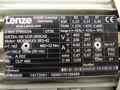 Lenze MDEMAXX 063-42 Inline Gear Motor 7.18 Reducer .31kw 230/460V GST04-1M VCR