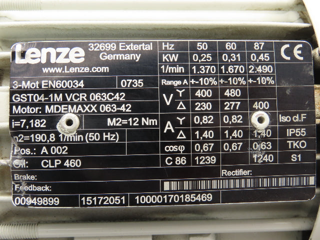 Lenze MDEMAXX 063-42 Inline Gear Motor 7.18 Reducer .31kw 230/460V GST04-1M VCR
