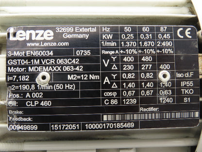 Lenze MDEMAXX 063-42 Inline Gear Motor 7.18 Reducer .31kw 230/460V GST04-1M VCR