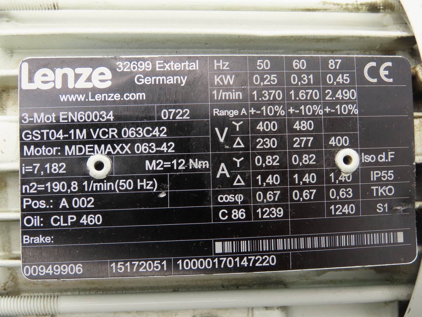 Lenze MDEMAXX 063-42 Inline Gear Motor 7.18 Reducer .31kw 230/460V GST04-1M VCR