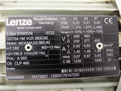 Lenze MDEMAXX 063-42 Inline Gear Motor 7.18 Reducer .31kw 230/460V GST04-1M VCR