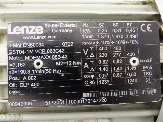 Lenze MDEMAXX 063-42 Inline Gear Motor 7.18 Reducer .31kw 230/460V GST04-1M VCR