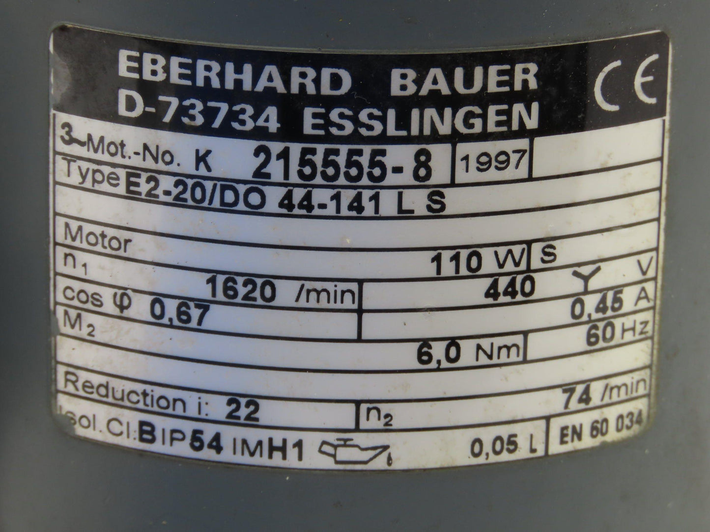 Bauer E2-20/DO 44-141 LS Gear Motor 22:1 Reducer 1620/74rpm 110W 460V 3PH