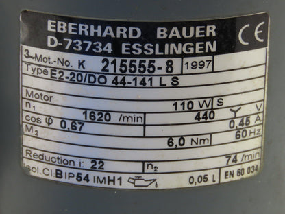 Bauer E2-20/DO 44-141 LS Gear Motor 22:1 Reducer 1620/74rpm 110W 460V 3PH