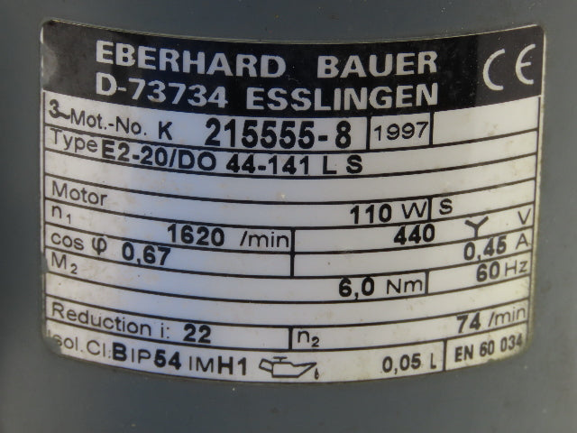 Bauer E2-20/DO 44-141 LS Gear Motor 22:1 Reducer 1620/74rpm 110W 460V 3PH