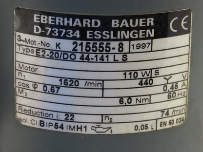 Bauer E2-20/DO 44-141 LS Gear Motor 22:1 Reducer 1620/74rpm 110W 460V 3PH