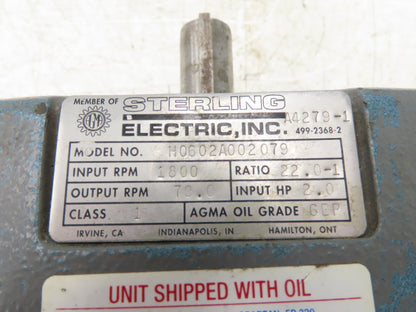 Sterling H0602A002079 Inline Helical Gearbox 22:1 Reducer 2Hp 1800/79 RPM 56C