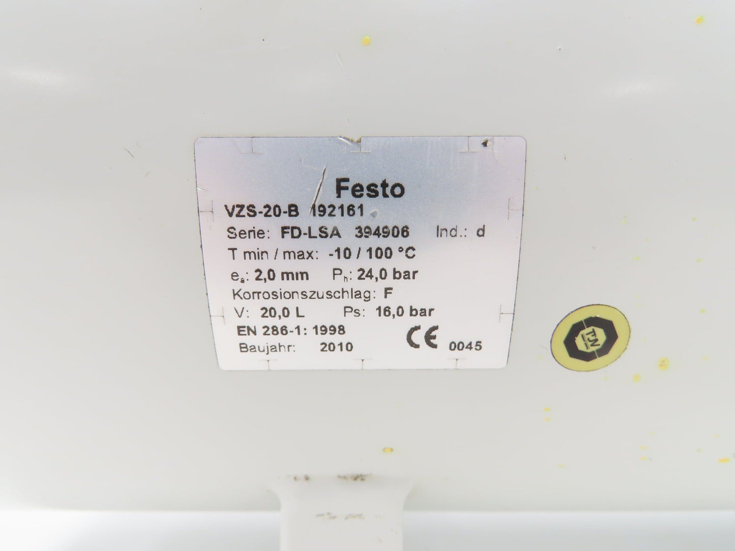 Festo VZS-20-B 192161 Compressed Air Tank Reservoir 20L 24Bar/348PSI 1" NPT