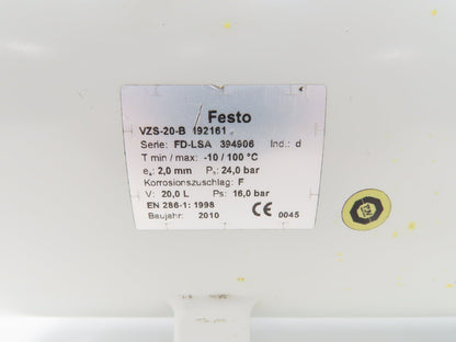 Festo VZS-20-B 192161 Compressed Air Tank Reservoir 20L 24Bar/348PSI 1" NPT