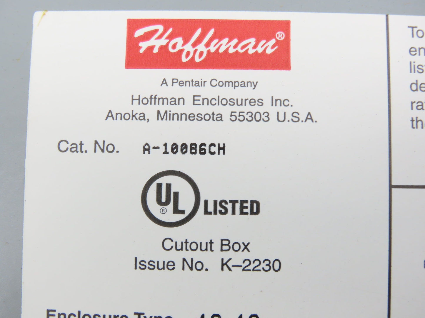 Hoffman A-10086CH Electrical Enclosure JIC Switch Panel Box 10x8x6" Wall Mount