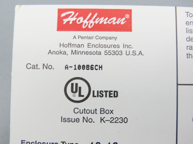 Hoffman A-10086CH Electrical Enclosure JIC Switch Panel Box 10x8x6" Wall Mount