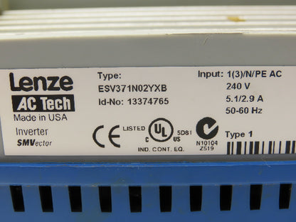 Lenze ESV371N02YXB SMVector AC Drive Variable Speed VFD Inverter .5Hp 230V 3PH