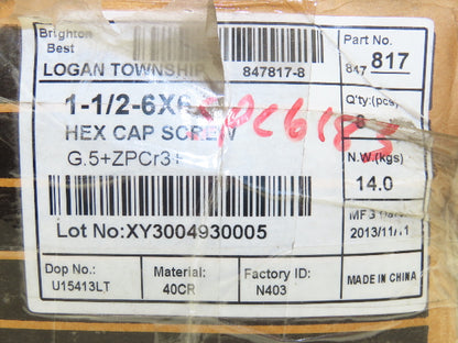 G.5+ZPCr3+ Bolt Hex Cap Screw 1.5"-6 Partial Thread 6" L Grade 5 Lot of 20