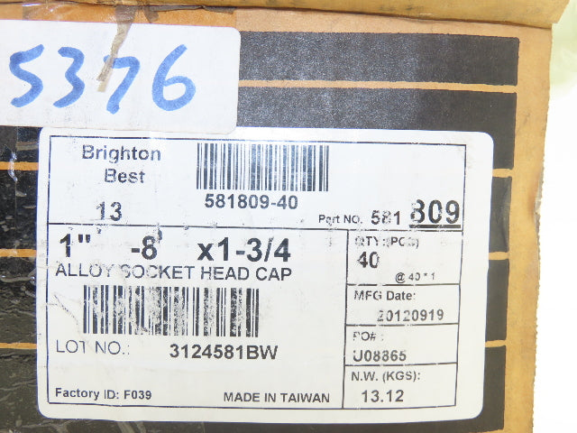 581809 Bolt Screw 1"-8 Full Thread 1-3/4" L Socket Head Cap Lot of 40
