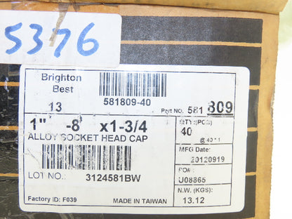 581809 Bolt Screw 1"-8 Full Thread 1-3/4" L Socket Head Cap Lot of 40