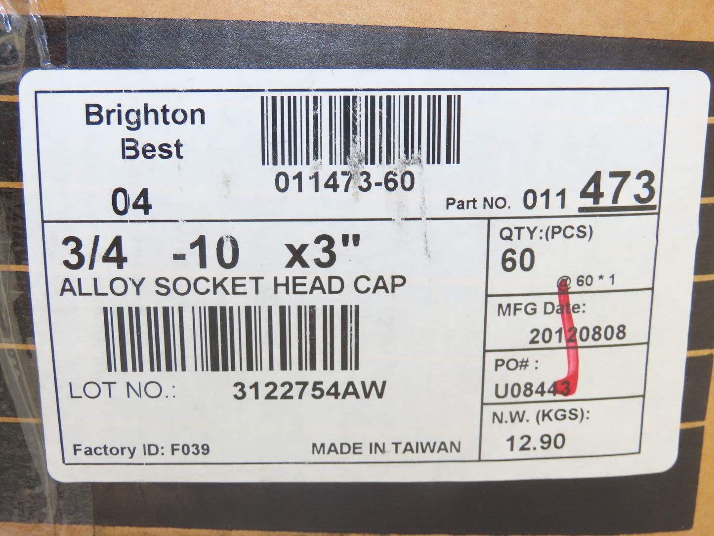 011473-60 Bolt Screw 3/4"-10 Partial Thread 3" L Socket Head Cap Lot of 60