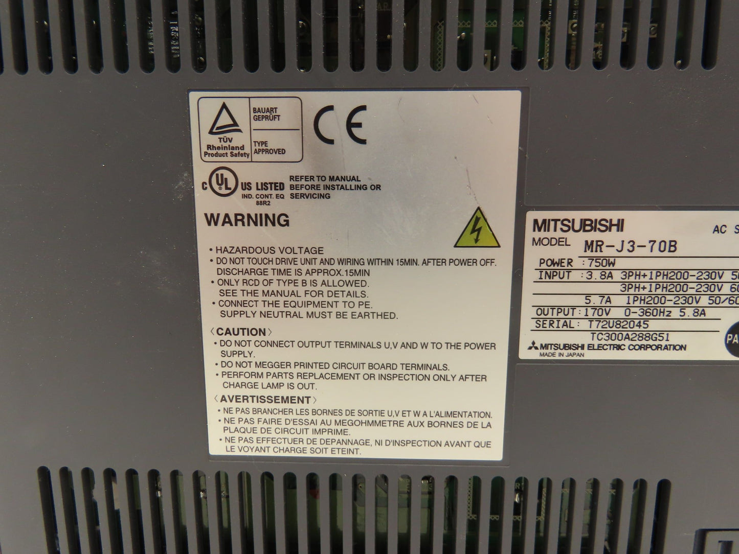 Mitsubishi MR-J3-70B Melservo AC Servo Drive 750W 170V 5.8A Output