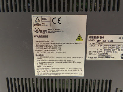 Mitsubishi MR-J3-70B Melservo AC Servo Drive 750W 170V 5.8A Output