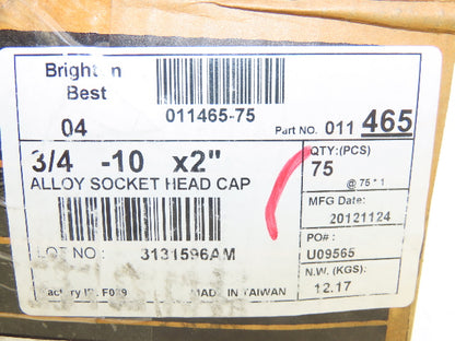 011465-75 Bolt Screw 3/4"-10 Full Thread 2" L Socket Head Cap Lot of 75