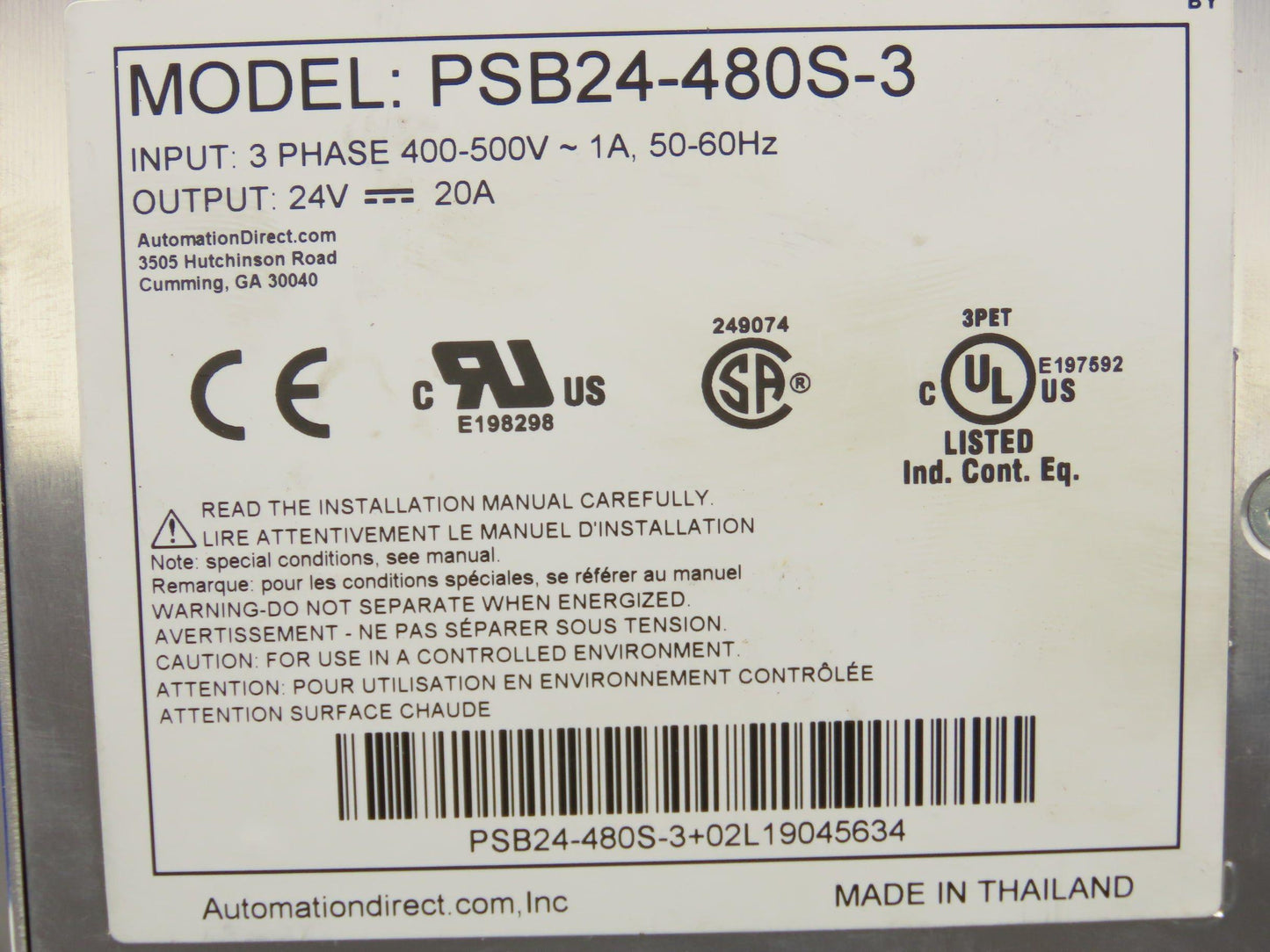 Automation Direct PSB24-480S-3 Rhino Power Supply 24VDC 20A Out 3Ph 480V In