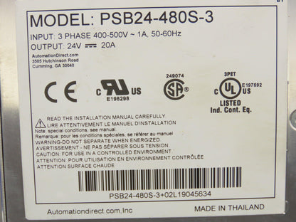 Automation Direct PSB24-480S-3 Rhino Power Supply 24VDC 20A Out 3Ph 480V In