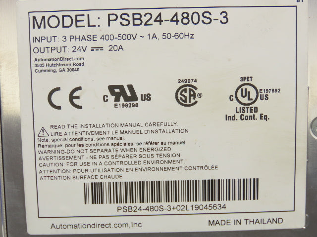 Automation Direct PSB24-480S-3 Rhino Power Supply 24VDC 20A Out 3Ph 480V In