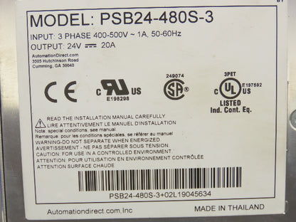 Automation Direct PSB24-480S-3 Rhino Power Supply 24VDC 20A Out 3Ph 480V In