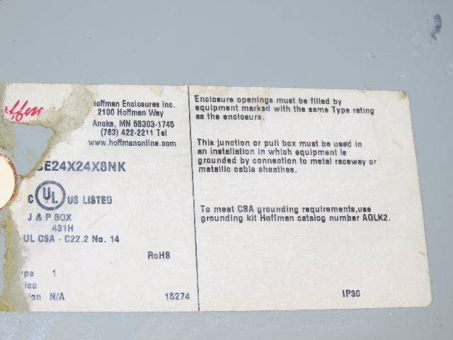 Hoffman ASE24X24X8NK Electrical Enclosure Screw Cover Pull Box 24 x 24 x 8"