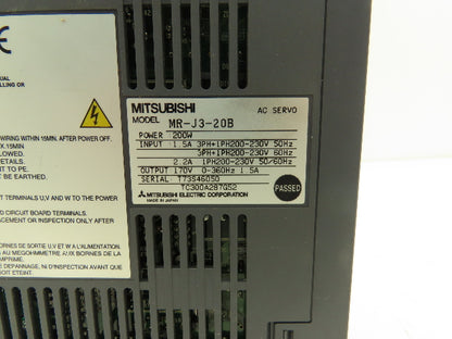 Mitsubishi MR-J3-20B Melservo AC Servo Drive 200W 170V 1.5A Output No Cover
