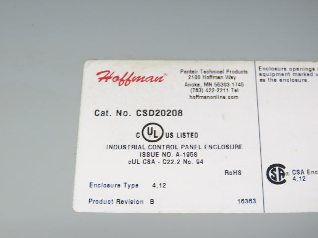 Hoffman CSD20208 Concept Electrical Enclosure 20x20x8" Control Panel Backplate
